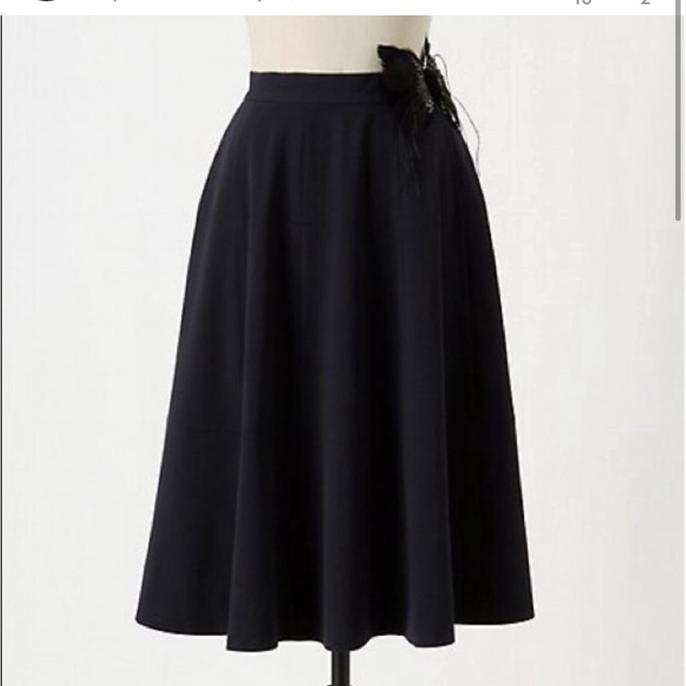 Anthropologie Cartonniere Black Midi A-Line Skirt with Feather on waist